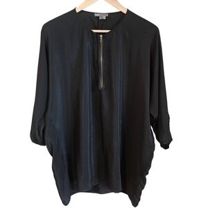 Vince Top Womens Size M Black 100% Silk Half Zip‎ Tunic Blouse Minimalist